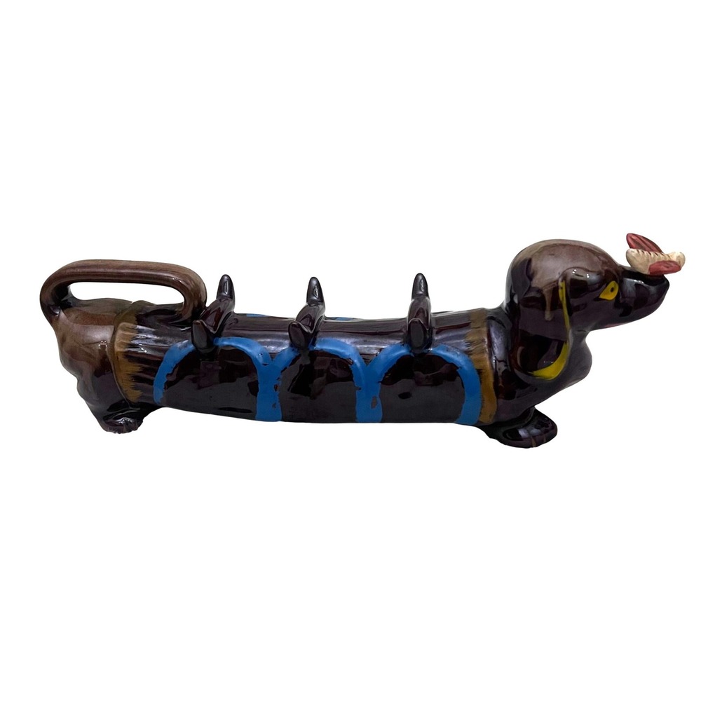 Suki Dachshund Wiener Dog Japanese Decanter Vintage Ceramic Brown Blue Dragonfly